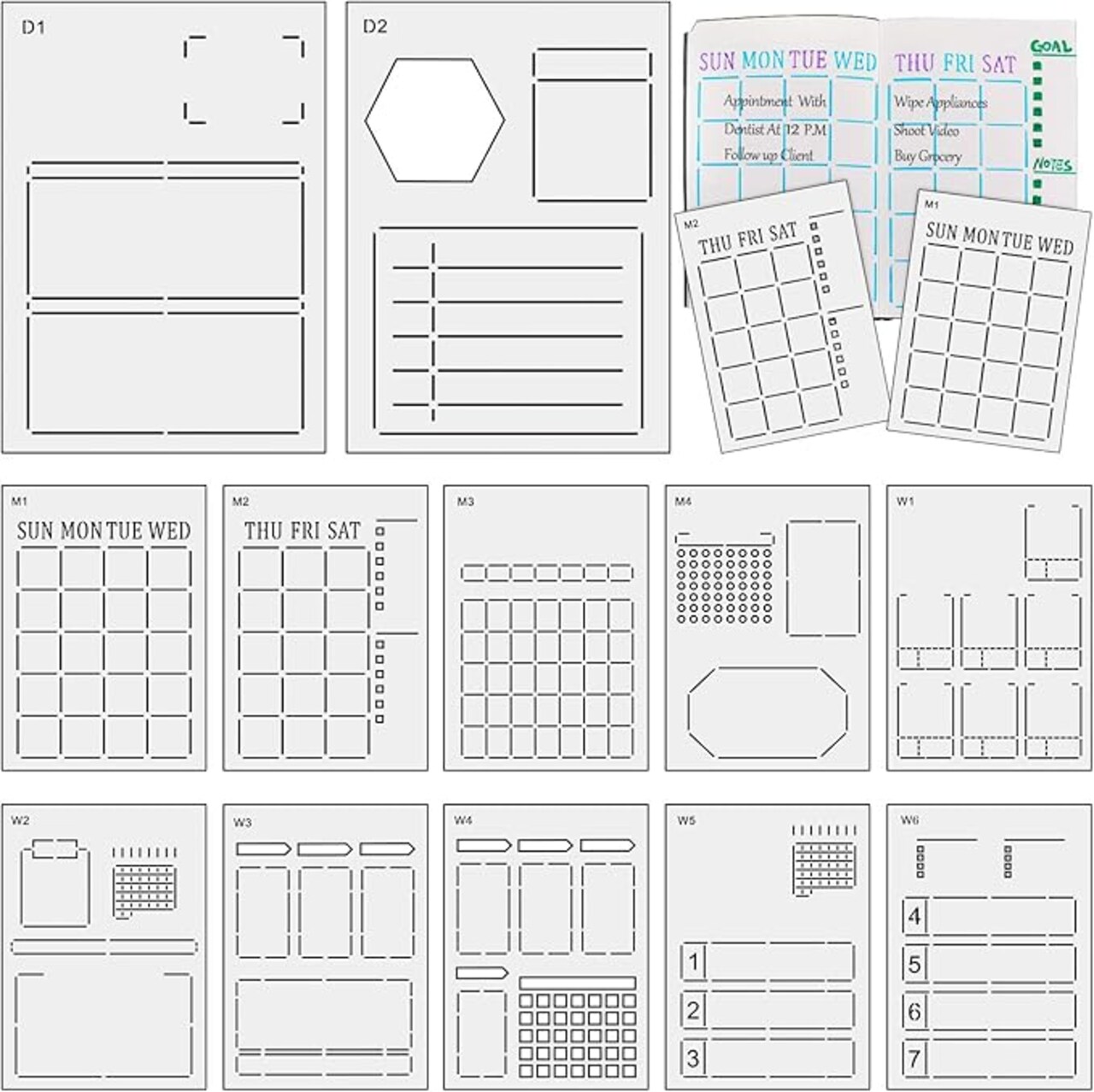 12 Pieces Speedy Spreads Journal Stencil DIY Journal Templates Reusable Weekly Monthly Layouts Stencils Plastic Planner Set for A5 Bullet Dot Grid DIY Notebook Diary